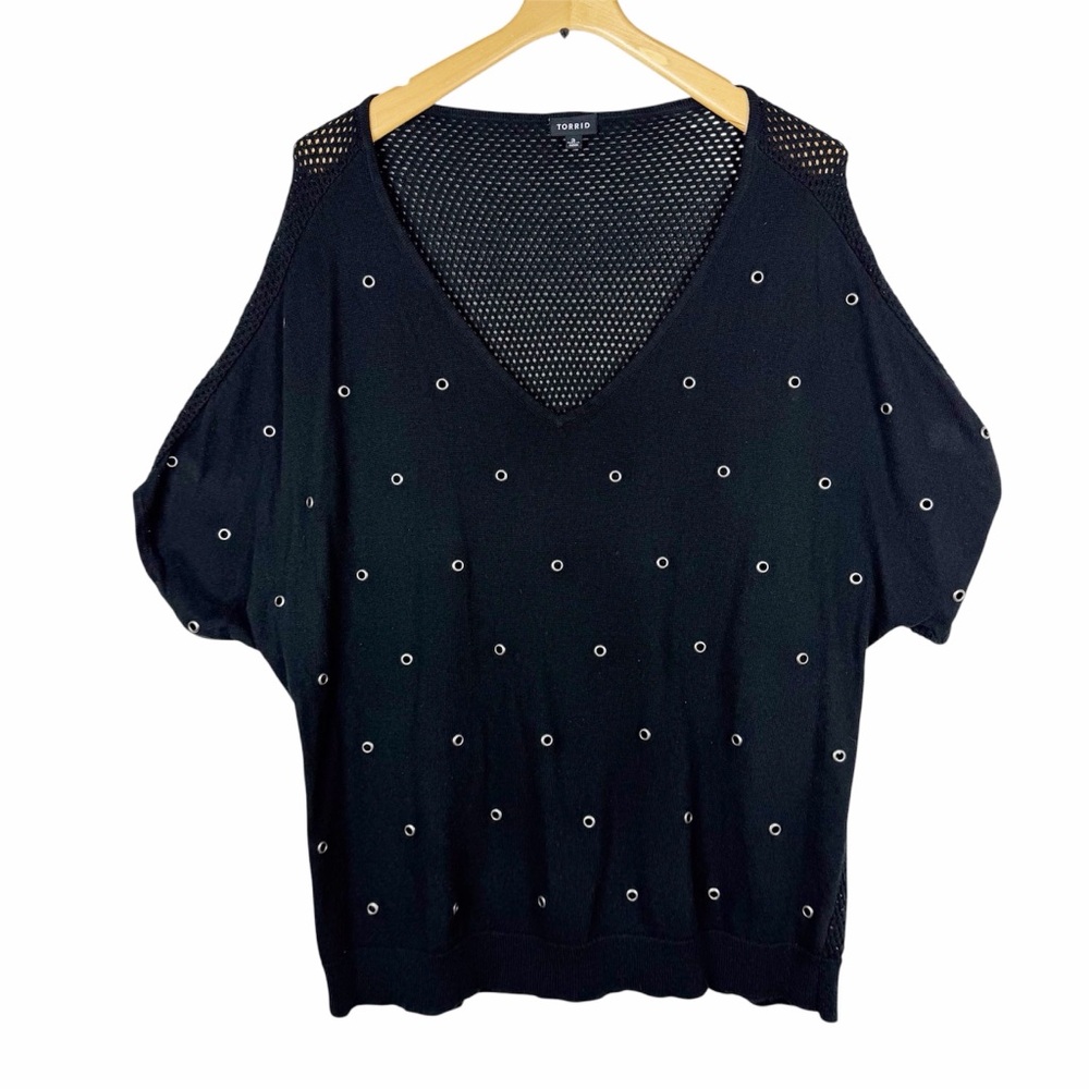 Vintage Torrid Black Short Sleeve Knit Grommet Top Mesh Back Size 3
